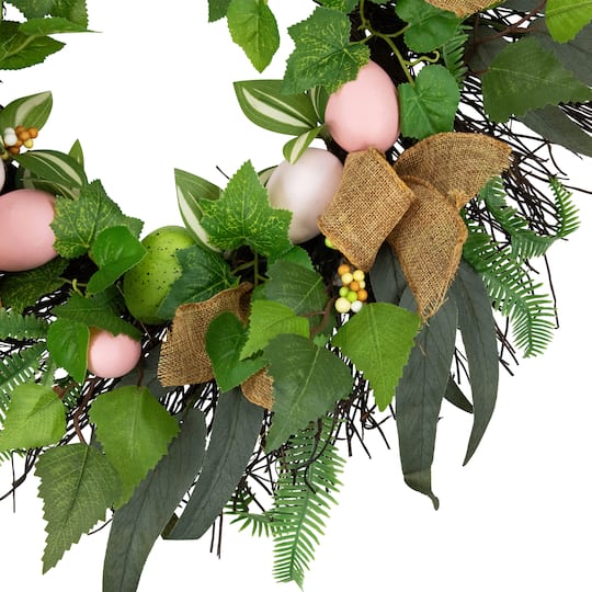 22" Easter Egg & Burlap Ribbon Mixed Foliage Twig Wreath